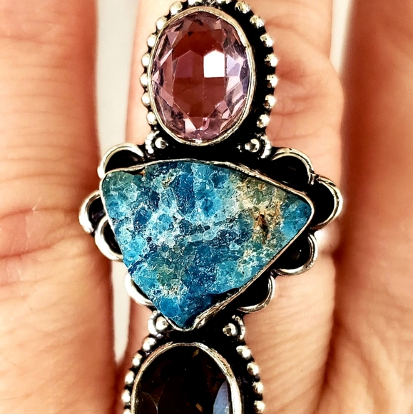 New Natural Blue Kyanite, Smoky Topaz, Pink Topaz 925 Silver Ring. - Picture 5 of 8